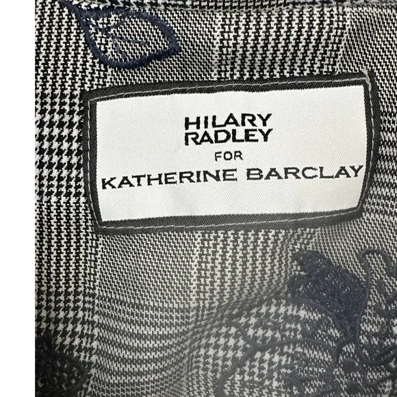 Women's Hilary Radley Plaid Floral Embroidery Navy Gray Knit Blazer Casual - Picture 3 of 4